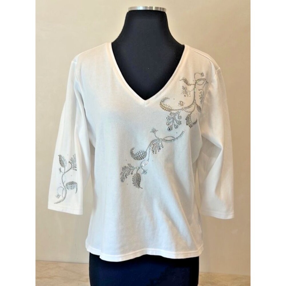 Christine Alexander White Crystal Rhinestone Top L/XL ¾ Sleeve Cotton Tee.